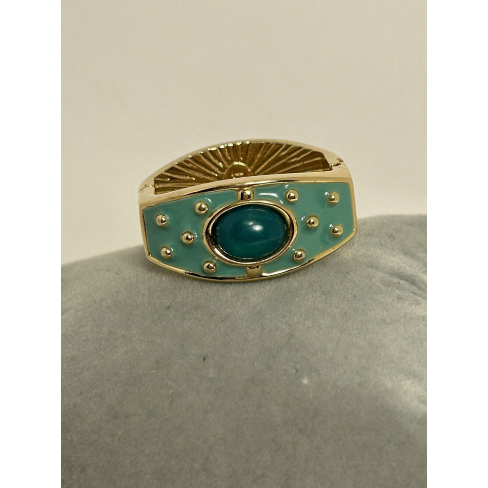 Joan Rivers Signed Vintage Scarf Clip Goldtone Bluegreen Enamel and Cabochon 1”